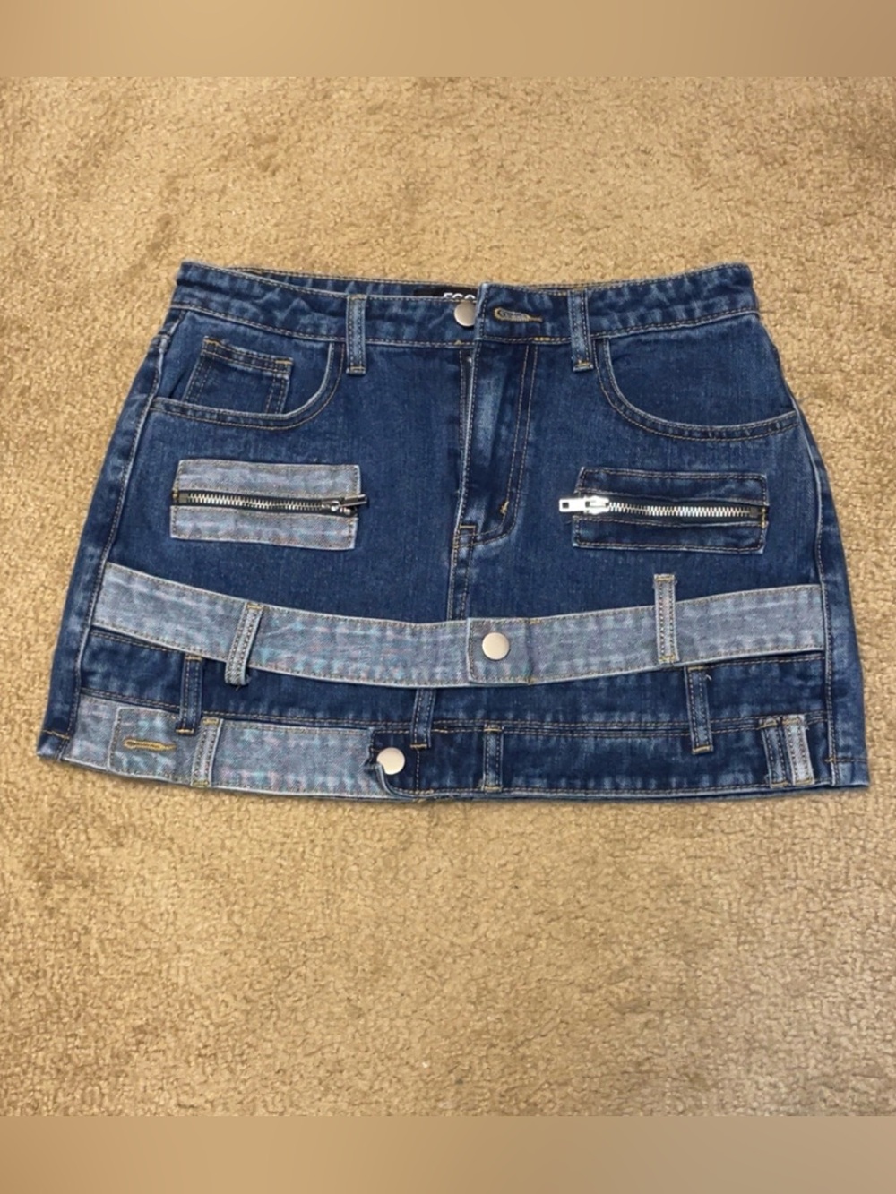 NEW EGO Two-Tone Blue Denim Mini Skirt with Zip Pockets